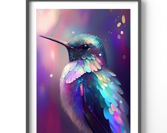 Holographic Hummingbird Poster, Matte Vertical Posters, Bird Wall Art, Black and Colorful Animal Print