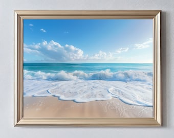 Serene Ocean Digital Art – Tropical Beach Waves Print – AI Artwork – Instant Download