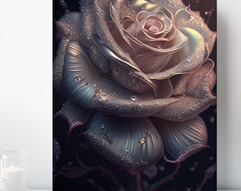 Ornate Rose Canvas Print, Wrapped Canvas, Bejeweled Flower Wall Art, Ready to Hang