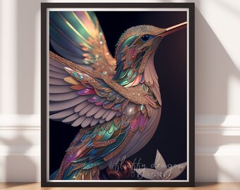 Hummingbird Art v7, Digital Painting Art, Instant Download, Printable Decor, Bird Prints, Bird Decor, Animal Painting