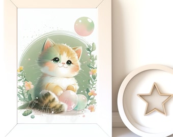 Watercolor Animals: Cat Digital Download, Baby Animal Prints for Nursery Wall Art, Cute Printable Decor for Kids