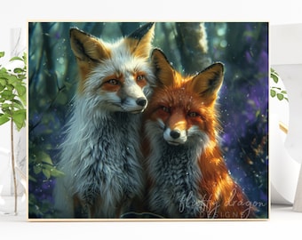 Fox Pair in Enchanted Forest - Digital Download, Fantasy Fox Print, Nature Wall Art, Woodland Animal Decor, Mystical Wildlife Gift