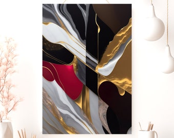 Abstract Poster | Gold and Red Wall Art Print | Matte Vertical Design | Modern Home Decor | White & Black Contemporary Style