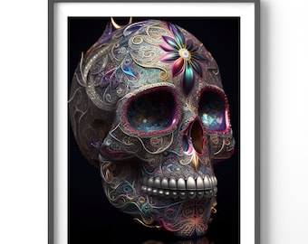 Skull Poster | Sugar Skull Art Print | Matte Vertical Fantasy Wall Decor | Colorful Illustration for Home & Office