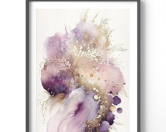 Purple Abstract Poster, Matte Vertical Posters, Gold Wall Art, Contemporary Print