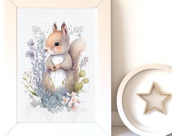 Baby Animal Prints, Squirrel v5, Digital Download, Instant Print, Woodland Animals, Nursery Wall Art, Gender Neutral