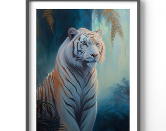 White Tiger Poster Art Print, Majestic Wild Animal Wall Decor, Nature Lover Gift, Home Office Decoration, Animal Lover Wall Art