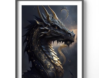 Black Dragon Poster, Matte Vertical Posters, Fantasy Wall Art, Dragon Lover Print