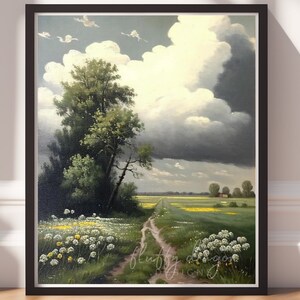 Vintage Flower Field Art Print: Rustic Landscape (Digital Download)