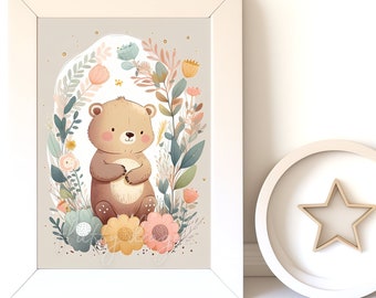Baby Bear Art: Printable Digital Art | Digital Nursery Decor | Woodland Bear Illustration for Kids' Room