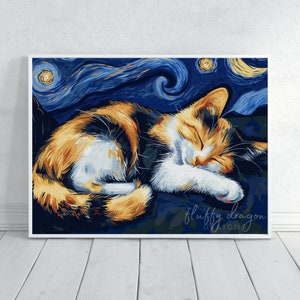 Póster de gato: impresión artística de lindo gato calicó, decoración de pared de noche estrellada y arte de pared de animales, idea de regalo perfecta para el hogar