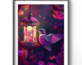 Neon Hummingbird Poster, Matte Vertical Posters, Bird Wall Art, Black and Colorful Animal Print