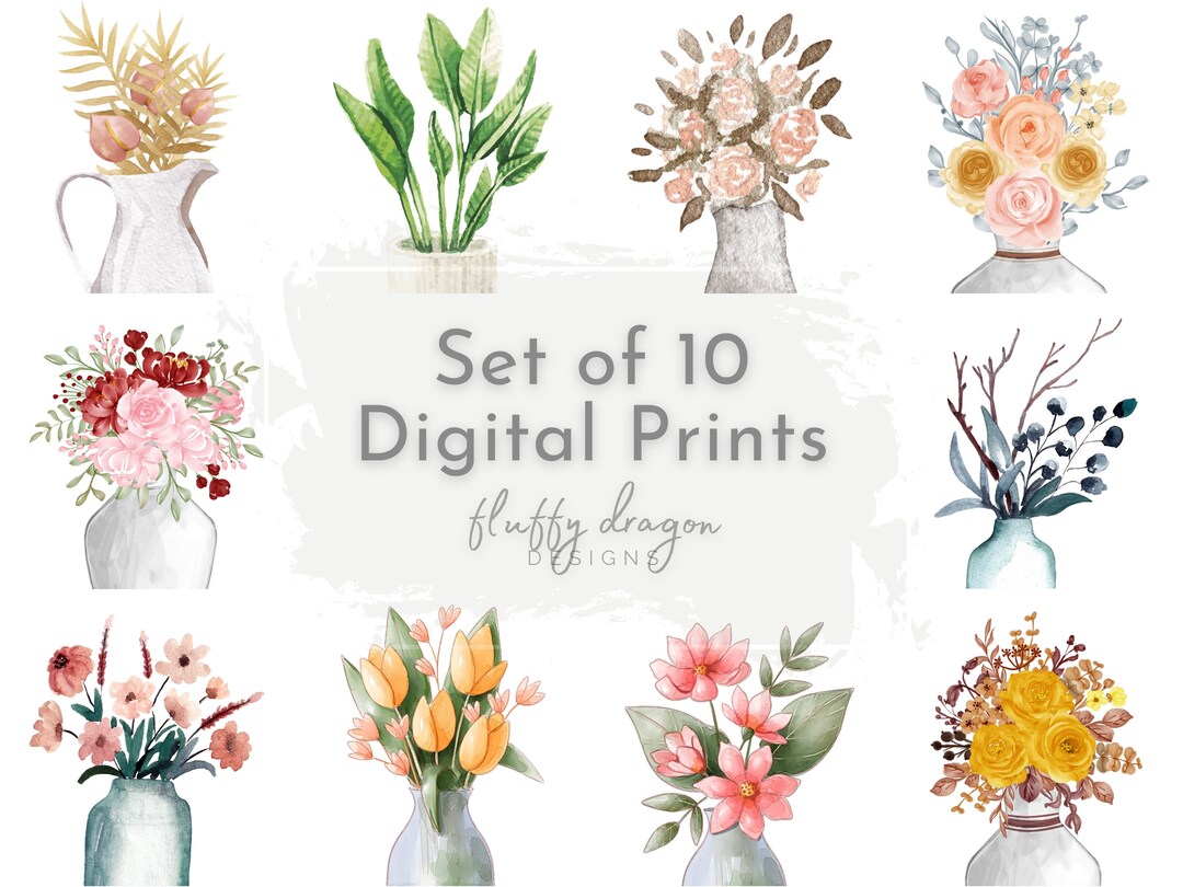 Flower Wall Art Prints, Set of 10 Digital Prints, Pink & Green Floral ...
