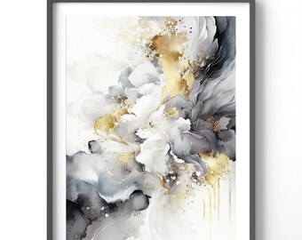 Gray Abstract Poster, Matte Vertical Posters, Watercolor Wall Art, Grey and Gold Print