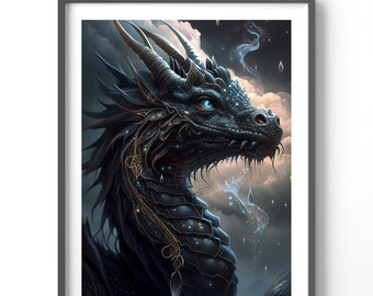 Black Dragon Poster, Matte Vertical Posters, Fantasy Wall Art, Dragon Lover Print