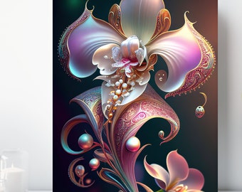 Ornate Orchid Canvas Print, Wrapped Canvas, Bejeweled Flower Wall Art, Ready to Hang