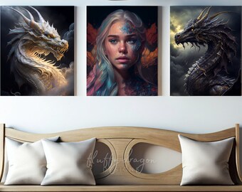 Set of 3 Fantasy Wall Art Prints, Digital Download Dragon Artwork for Video Game Decor, Perfect Gift for Gamers