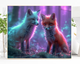 Neon Fox Pair Art - Digital Download, Fantasy Fox Print, Mystical Animal Wall Decor, Ethereal Wildlife Artwork, Enchanted Forest Gift