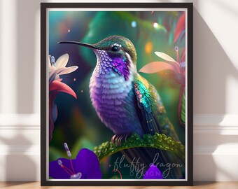 Hummingbird Art Print - Vibrant Digital Download, Nature Wall Decor, Colorful Bird Artwork, Floral Wildlife Painting, Tropical Home Decor