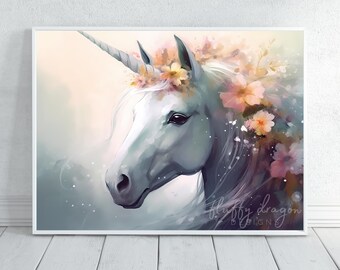 Unicorn Poster | Soft Watercolor Fantasy Art Print | Colorful Horizontal Wall Art for Kids Room Decor