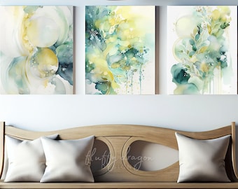 Abstract Living Room Wall Decor, Watercolor Print, Modern Neutral Art, Blue Green Yellow Wall Decor, Minimalist, Digital Prints Set of 3