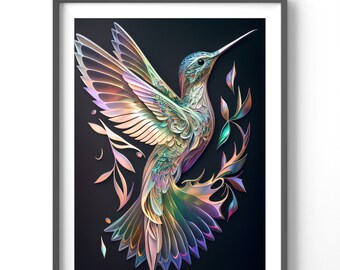 Holographic Hummingbird Poster, Matte Vertical Posters, Bird Wall Art, Black and Colorful Animal Print