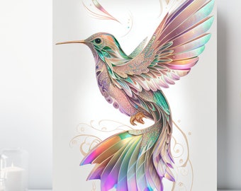 Holo Hummingbird Canvas Wall Art, Wrapped Canvas, Colorful Bird Art, Ready to Hang
