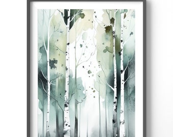 Birch Trees Watercolor Poster, Matte Vertical Posters, Floral Wall Art, Green Print