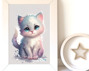 Watercolor Cat Painting, Digital Download Baby Animal Prints, Nursery Wall Art, Printable Art for Kids' Rooms