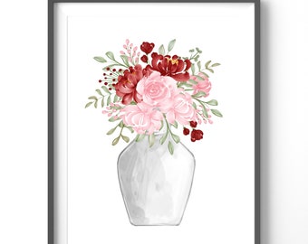 Vintage Flower Vase Poster, Matte Vertical Posters, Watercolor Wall Art, Vintage Floral Print