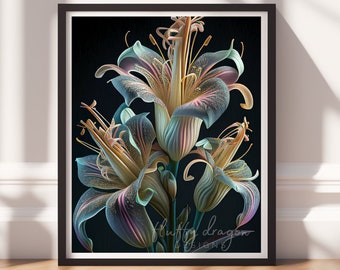 Dark Art, Flower Wall Print v8, Printable Art, Floral Prints, Digital Download, Dark Academia Decor, Black Painting