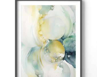 Green Abstract Poster Print | Matte Vertical Watercolor Wall Art | Elegant Green & Gold Decor for Modern Spaces