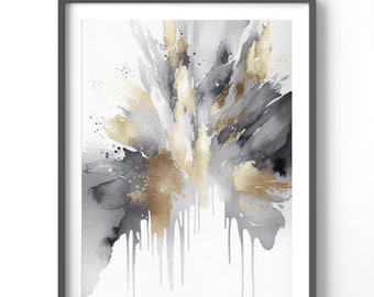 Gray Abstract Poster, Matte Vertical Posters, Watercolor Wall Art, Gold Print