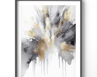 Gray Abstract Poster | Matte Vertical Wall Art | Watercolor Print with Gold Accents | Modern Home Decor