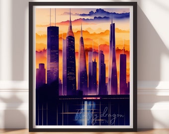 City Painting v3, Digital Download, Downloadable Prints, City Art Print, Colorful Painting, Living Room Wall Art
