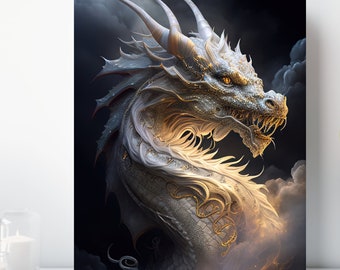 White Dragon Canvas Wall Art, Wrapped Canvas, Fantasy Art, Ready to Hang