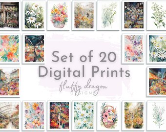 Flower Wall Art - Set of 20 Floral Artwork Prints, Botanical Art Collection, Matisse Inspired Decor for Living Room & Home