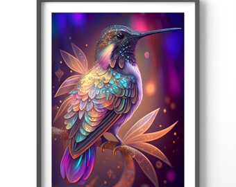 Neon Hummingbird Poster, Matte Vertical Posters, Bird Wall Art, Black and Colorful Animal Print