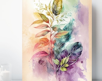 Botanical Watercolor Canvas Print, Wrapped Canvas, Abstract Nature Wall Art, Ready to Hang