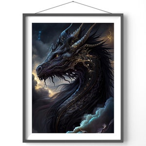 Póster de dragón negro, arte de pared de fantasía vertical mate, impresión de amante de los dragones para decoración del hogar e ideas para regalos
