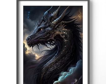 Black Dragon Poster, Matte Vertical Posters, Fantasy Wall Art, Dragon Lover Print