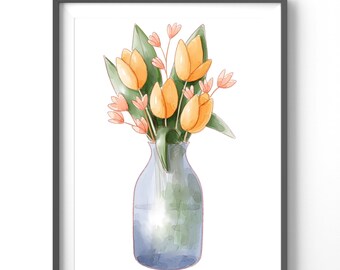 Vintage Flower Vase Poster, Matte Vertical Posters, Watercolor Wall Art, Vintage Floral Print
