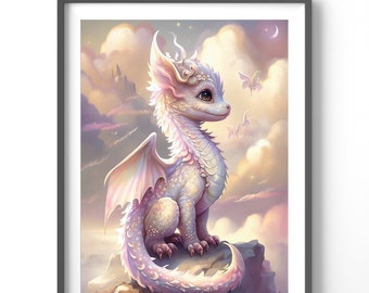 Baby Dragon Poster | Watercolor Wall Art Print | Matte Vertical Fantasy Decor for Nursery or Kids Room