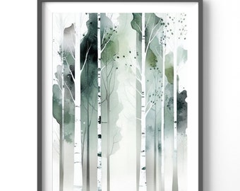 Birch Trees Watercolor Poster, Matte Vertical Posters, Floral Wall Art, Green Print