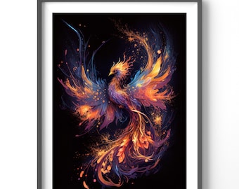 Neon Phoenix Poster, Matte Vertical Posters, Fantasy Wall Art, Fire Bird Print