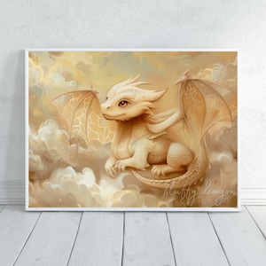Dragon Poster | Baby Cloud Dragon Art Print | Fantasy Wall Art for Nursery | Cute Horizontal Artwork Decor