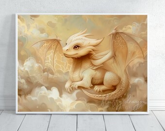Dragon Poster | Baby Cloud Dragon Art Print | Fantasy Wall Art for Nursery | Cute Horizontal Artwork Decor