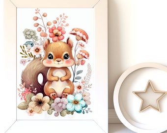 Baby Animal Prints, Squirrel v11, Digital Download, Instant Print, Woodland Animals, Nursery Wall Art, Gender Neutral