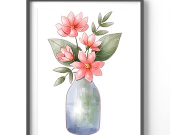 Vintage Flower Vase Poster, Matte Vertical Posters, Watercolor Wall Art, Vintage Floral Print