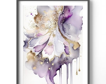 Purple Abstract Poster, Matte Vertical Posters, Gold Wall Art, Contemporary Print